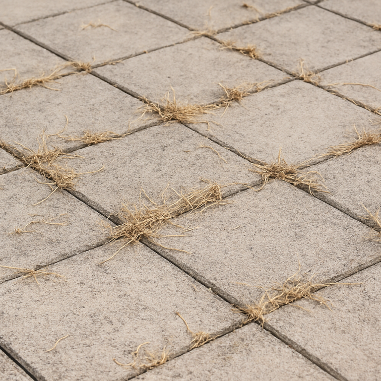 A person using a pressure washer to clean a patio surface.