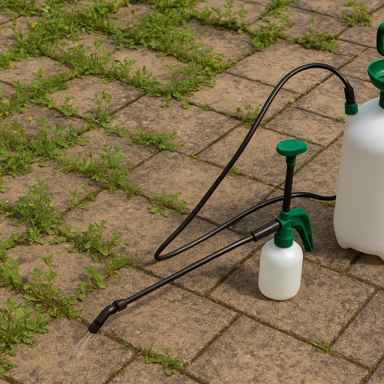 A man using a pole to clean a window from outside a two-storey house.